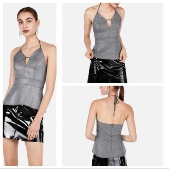 Express Tops - Express Metallic Plunge Neck Peplum Halter Top 00